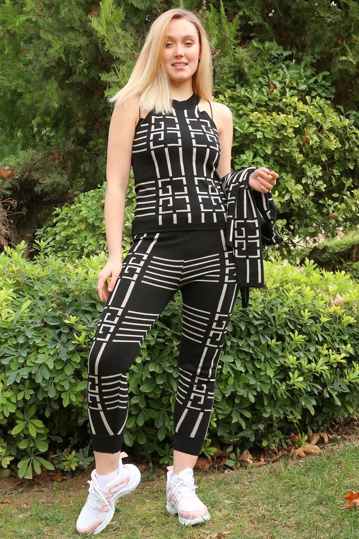 Dipmoda Kadın Desenli Yeni Sezon Kışlık Üçlü Triko Takım DPNB7151