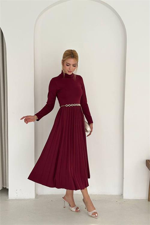 Dipmoda kadın dik yaka piliseli uzun kollu midi elbise DPK4400
