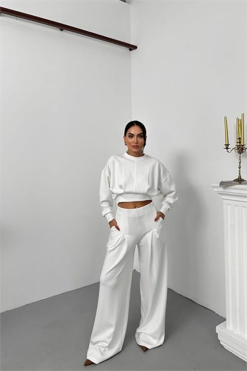 Dipmoda kadın dikiş detaylı crop sweat bol paça eşofman altı modal kumaş ikili takım DPNP017