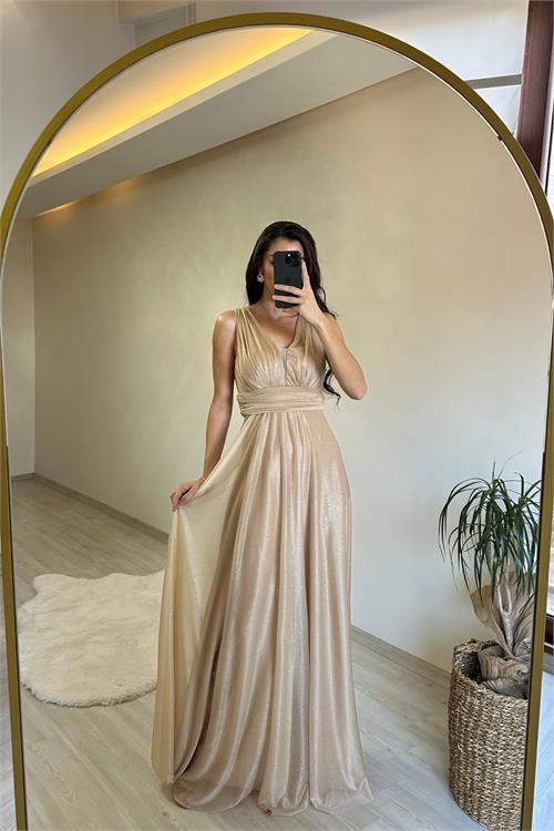 Dipmoda kadın drapeli ışıltılı kalın askılı abiye elbise NM003