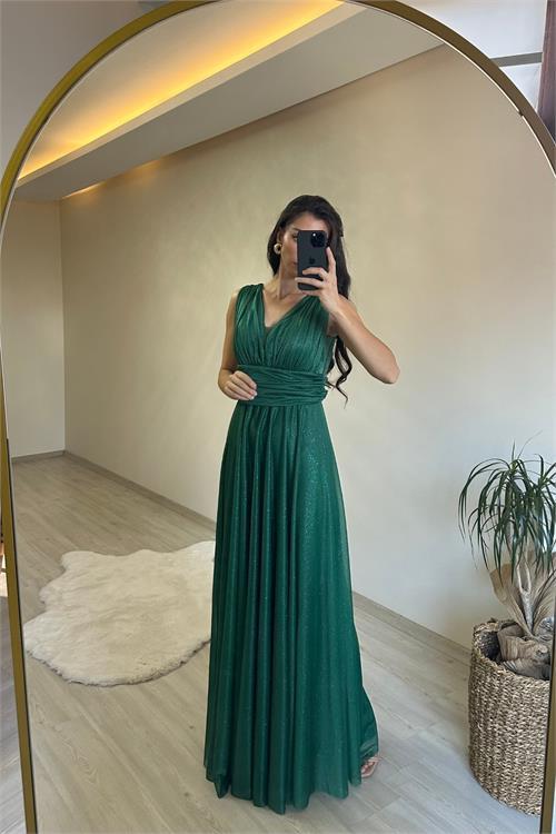 Dipmoda kadın drapeli ışıltılı kalın askılı abiye elbise NM003