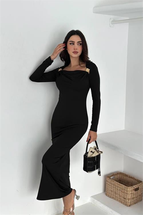 Dipmoda kadın drapeli kayık yaka gold aksesuarlı elbise DPK4386