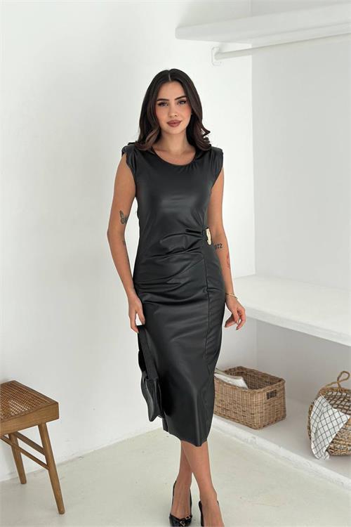 Dipmoda kadın drapeli kolsuz midi boy deri elbise DPK4378