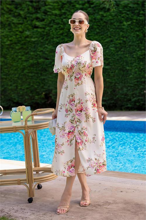 Dipmoda kadın düğme dataylı çiçekli viskon elbise DPMY3529