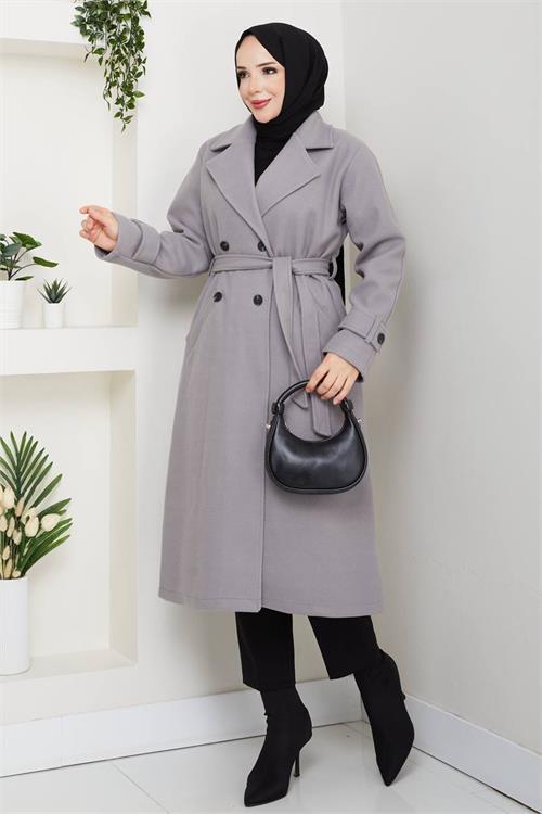 Dipmoda kadın düğme detaylı astarlı midi boy kuşaklı kaşe kaban DPFT004