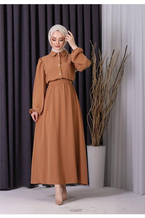 Dipmoda kadın düğme detaylı ithal kumaş tesettür elbise SMS003 