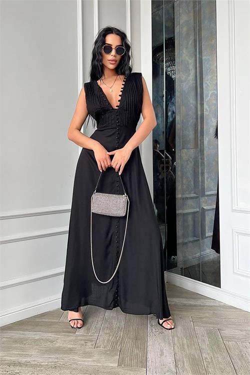 Dipmoda kadın düğme detaylı kolsuz tasarım elbise DPEMP2774