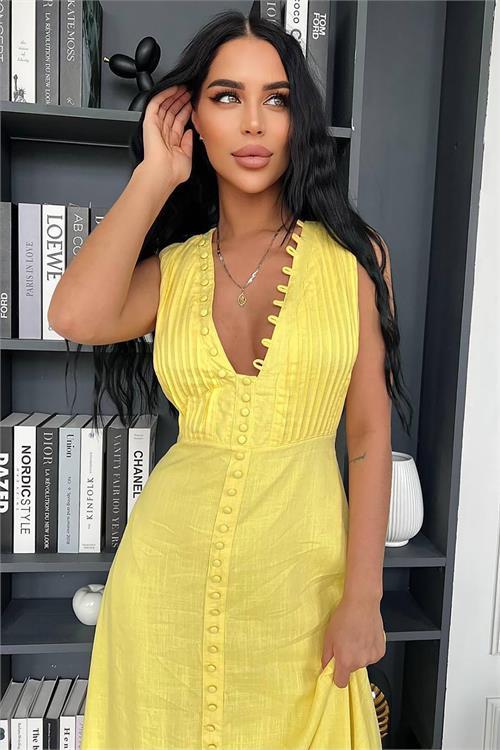 Dipmoda kadın düğme detaylı kolsuz tasarım elbise DPEMP2774