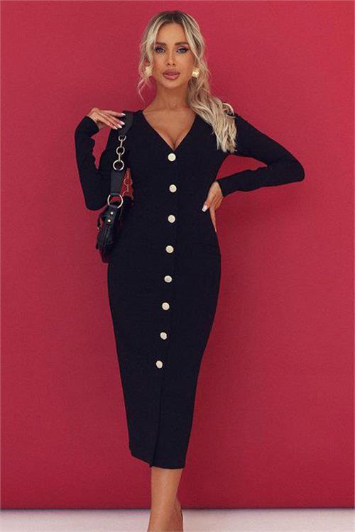 Dipmoda kadın düğme detaylı midi örme boy elbiseNBEMP2618