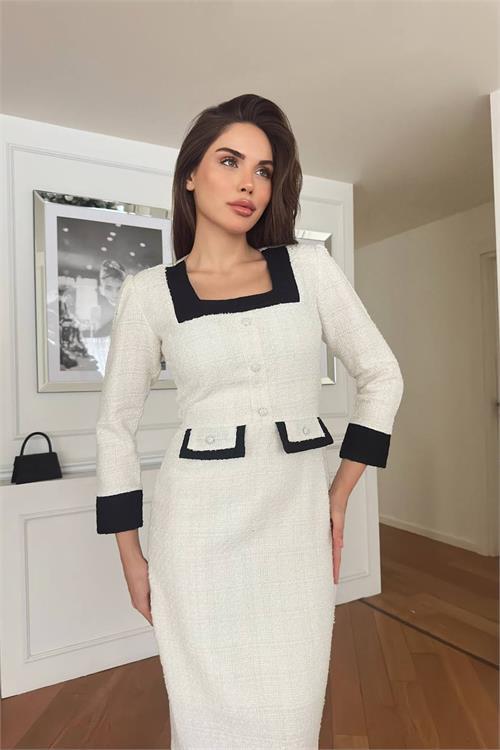 Dipmoda kadın düğme detaylı tüvit kumaş tasarım elbise DPNC3042