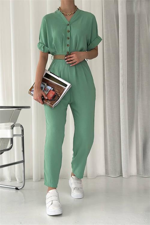 Dipmoda kadın düğmeli hasır kemerli ayrobin tulum DPNBTG2000