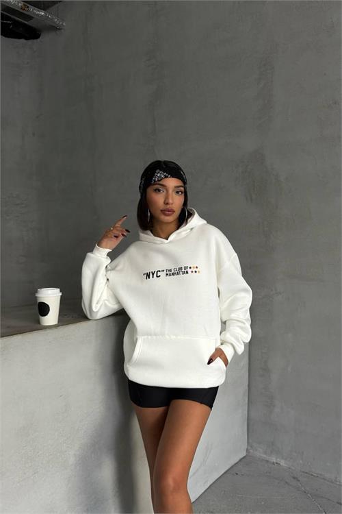 Dipmoda kadın ekru baskı detaylı kapüşonlu sweat NBG043 