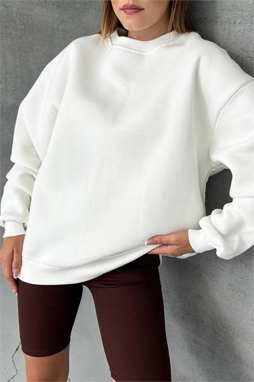 Dipmoda kadın ekru bisiklet yaka pamuklu sweat NBG031 
