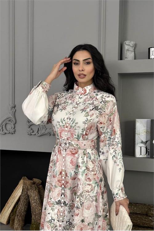 Dipmoda kadın ekru çiçek desenli ithal kumaş tam düğmeli kemerli tasarım elbise DPMS25115