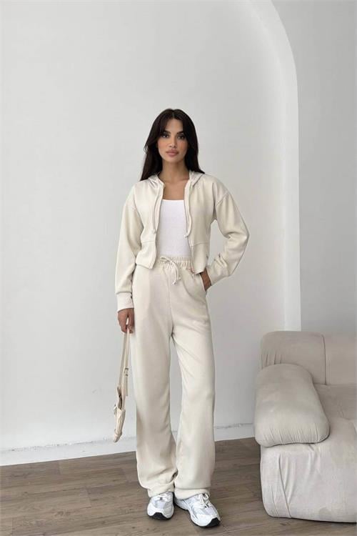 Dipmoda kadın ekru fermuarlı kapüşonlu modal eşofman takımı DPNP022
