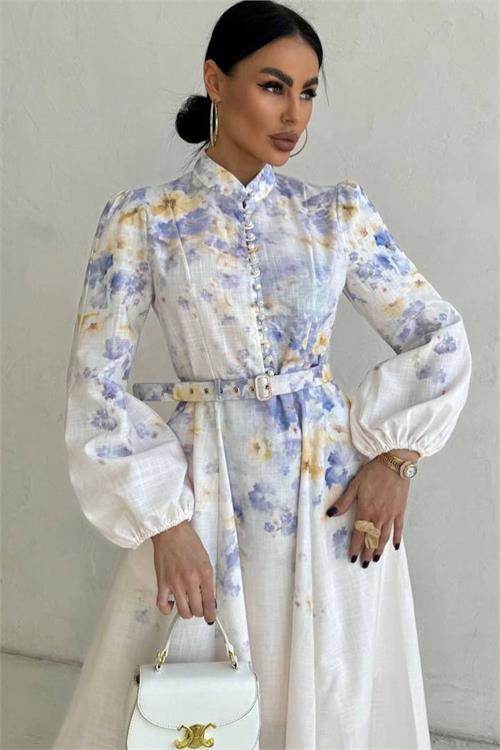 Dipmoda kadın ekru ithal kumaş düğmeli tasarım elbise DPEMP2886