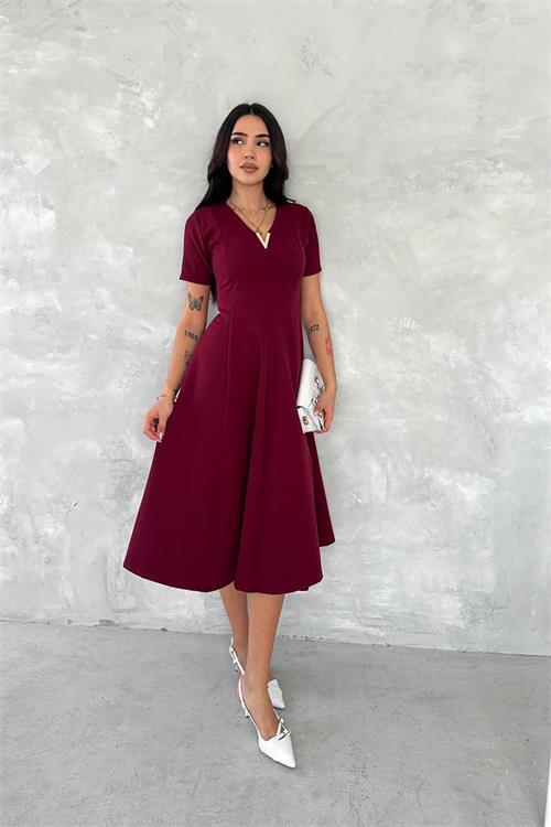 Dipmoda kadın esnek V-yaka midi boy astarsız elbise DPK4179