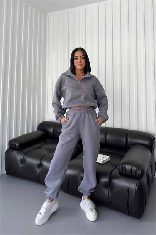 Dipmoda kadın fermuarlı 3 iplik şardonlu alt üst eşofman takımı DPNDCB11640