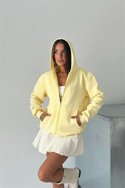 Dipmoda kadın fermuarlı kapüşonlu pamuklu sweat DPG106