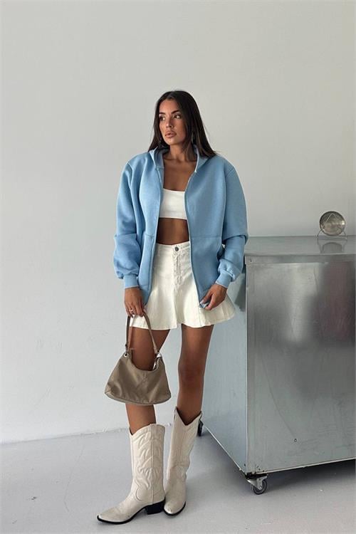 Dipmoda kadın fermuarlı kapüşonlu pamuklu sweat DPG106