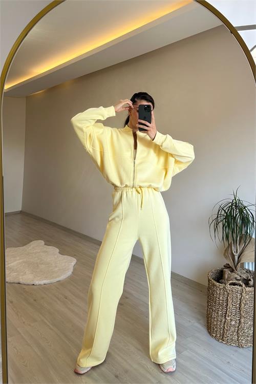 Dipmoda kadın fermuarlı oversize sweat ve yüksek bel eşofman takımı NM018