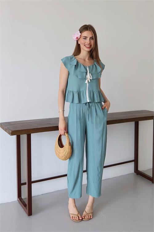 Dipmoda kadın fırfırlı gofre kumaş ikili takım DPNP012