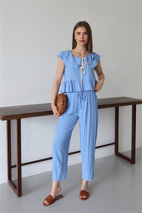 Dipmoda kadın fırfırlı gofre kumaş ikili takım DPNP012