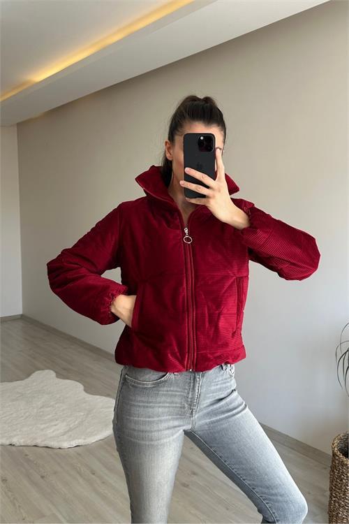 Dipmoda kadın fitilli desen kadife kısa şişme mont NM005