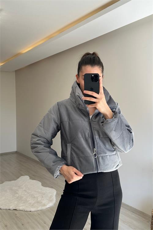 Dipmoda kadın fitilli desen kadife kısa şişme mont NM005