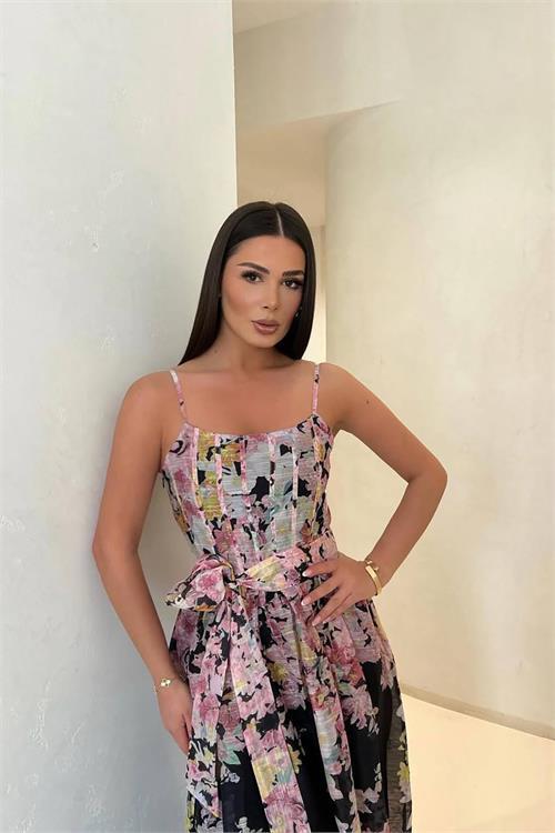 Dipmoda kadın fiyonk detaylı çiçekli ithal elbise DPEMP2741