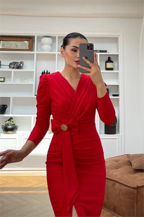 Dipmoda kadın fiyonk detaylı likralı kalem elbise NBMY3565