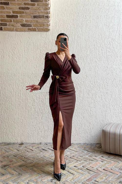 Dipmoda kadın fiyonk detaylı likralı kalem elbise NBMY3565