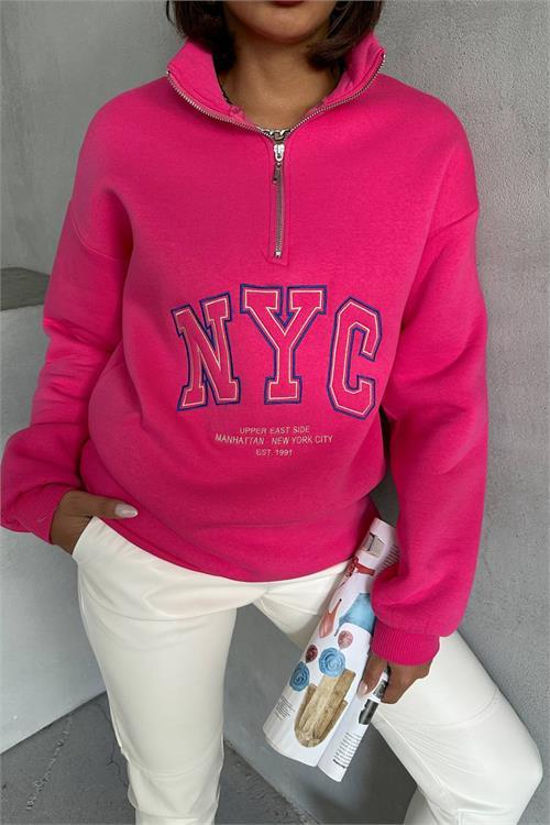 Dipmoda kadın fuşya yüksek yaka içi pamuklu sweat NBG034 