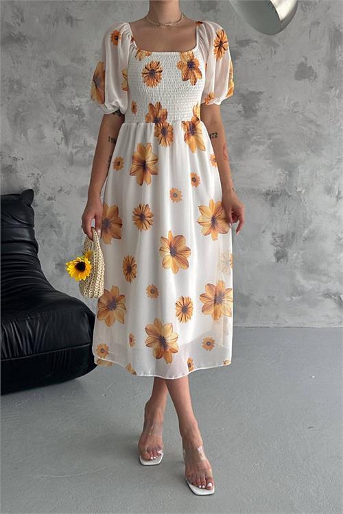 Dipmoda kadın gipeli madonna yaka astarlı şifon elbise NBQ007 