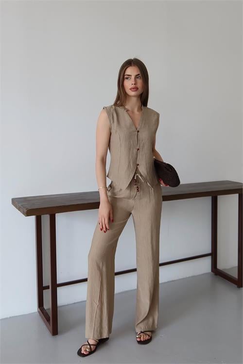 Dipmoda kadın gofre kumaş yelekli takım DPNP013