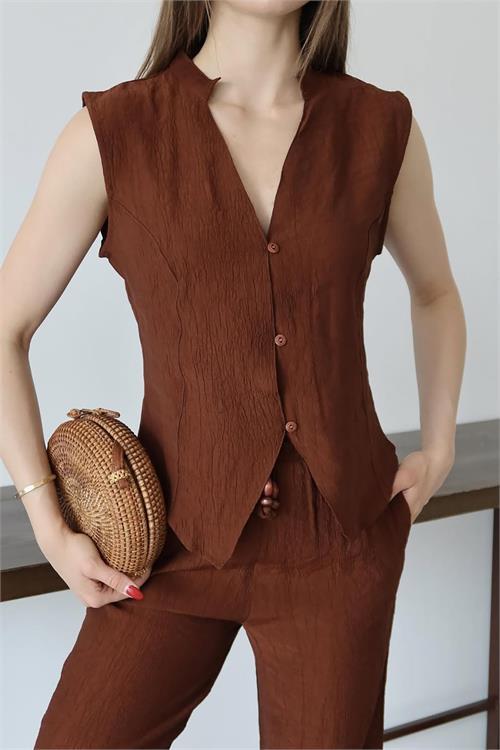 Dipmoda kadın gofre kumaş yelekli takım DPNP013