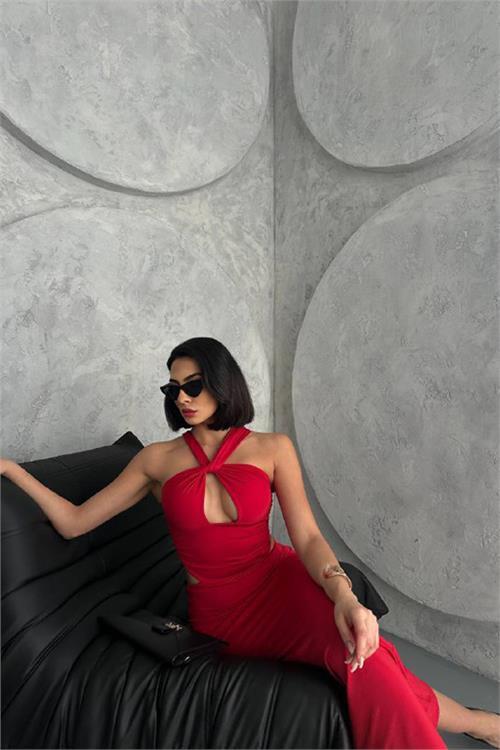 Dipmoda kadın göğüs detaylı dekolte maxi elbise DPNBDF114