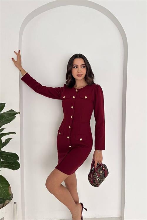 Dipmoda kadın gold düğme detaylı uzun kollu mini elbise DPK4388