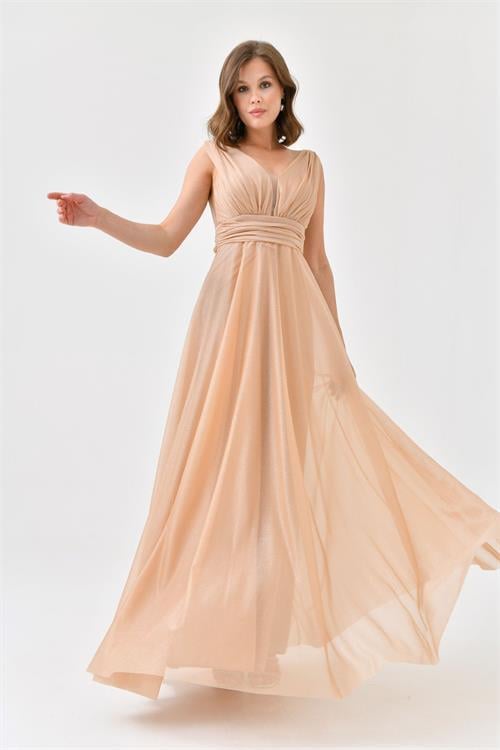 Dipmoda kadın gold v yaka simli tül abiye elbise NBS9223 