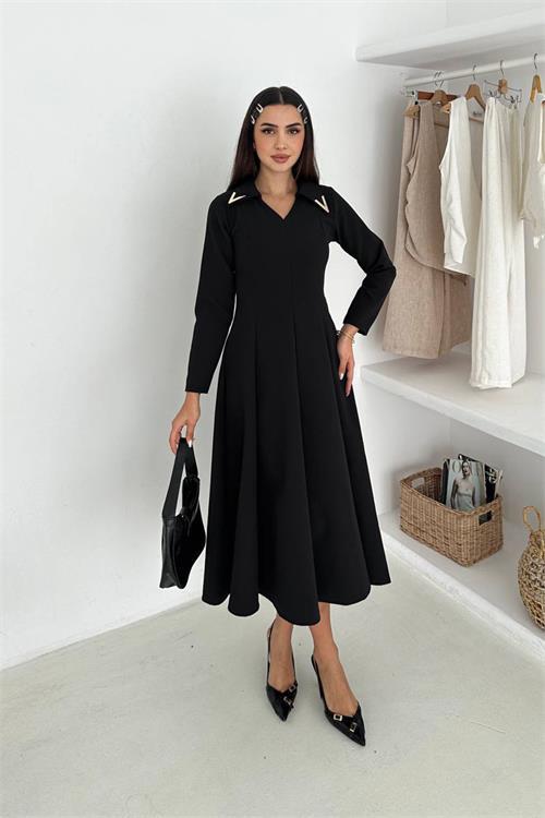 Dipmoda kadın gold yaka detaylı midi boy uzun kollu elbise DPK4360