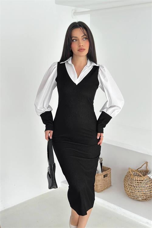 Dipmoda kadın gömlek yaka bilek detaylı midi elbise DPK4344