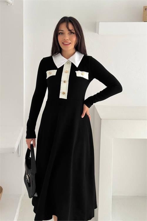 Dipmoda kadın gömlek yaka düğme detaylı uzun kollu elbise DPK4327