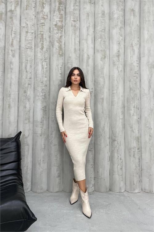 Dipmoda kadın gömlek yaka triko elbise NBDM2007 