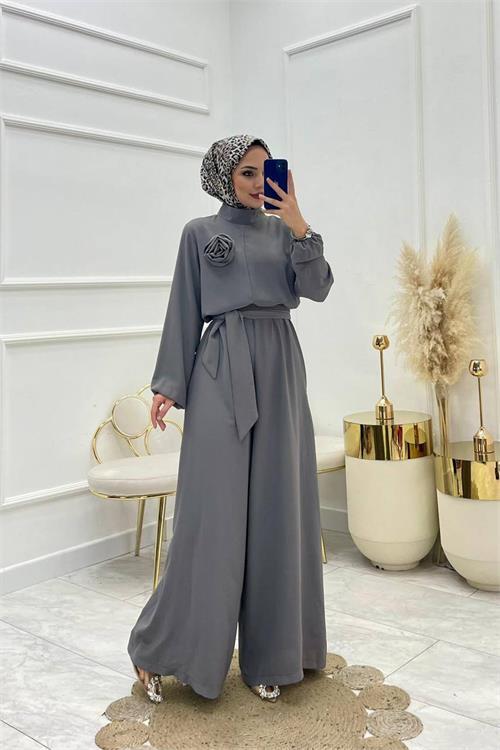 Dipmoda kadın gri kuşaklı gül detaylı salaş tulum NMS003 