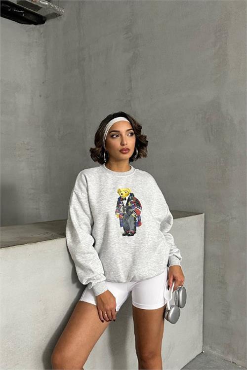 Dipmoda kadın gri melanj nakışlı sweatshirt DPNBG059