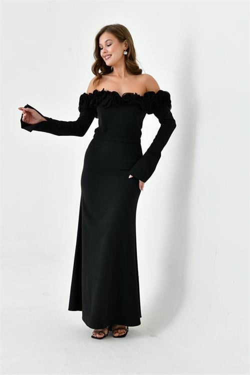 Dipmoda kadın gül detaylı madonna yaka uzun abiye elbise NBS9363