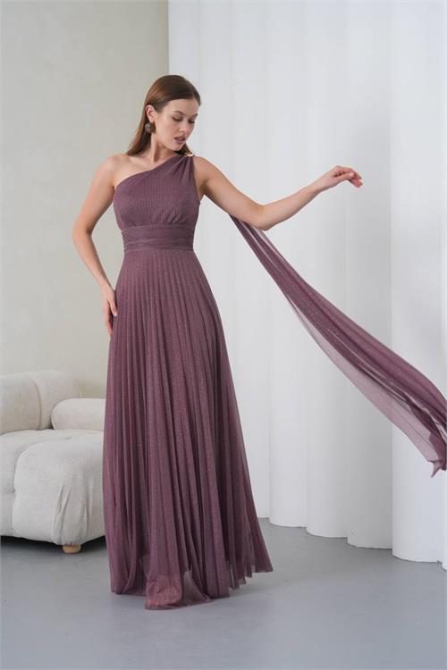 Dipmoda kadın gül kurusu tek omuz tokalı drape detaylı ışıltılı tül kumaş abiye elbise DPS9388