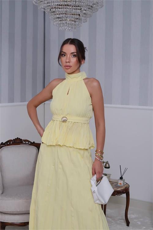 Dipmoda kadın halter yaka bel detaylı etekli takım DPG099