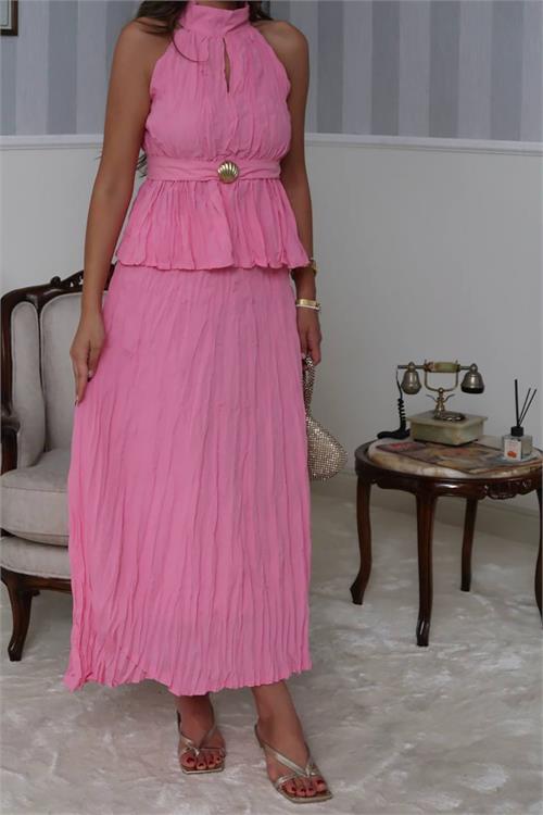 Dipmoda kadın halter yaka bel detaylı etekli takım DPG099