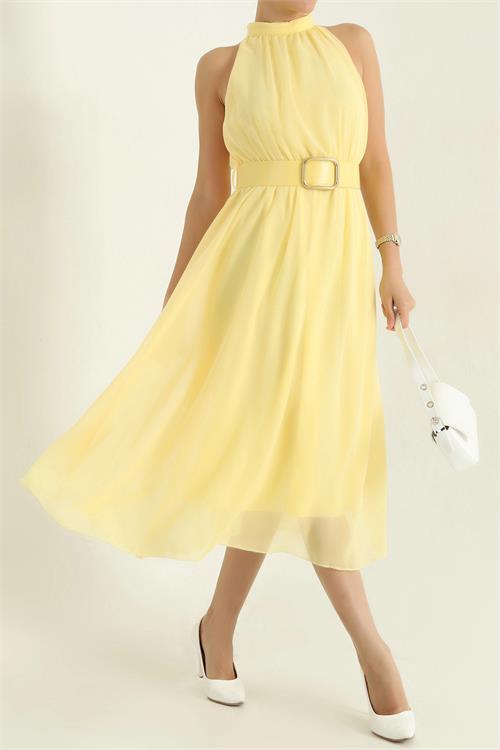 Dipmoda kadın halter yaka kemerli şifon elbise DPMY3734